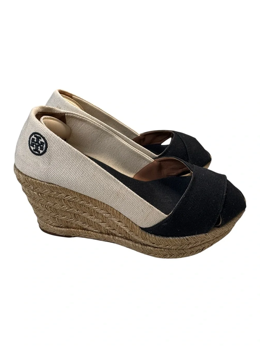 Tory Burch Black Cream Canvas Embroidered Logo Peep Toe Espadrille Wedge Shoes 7